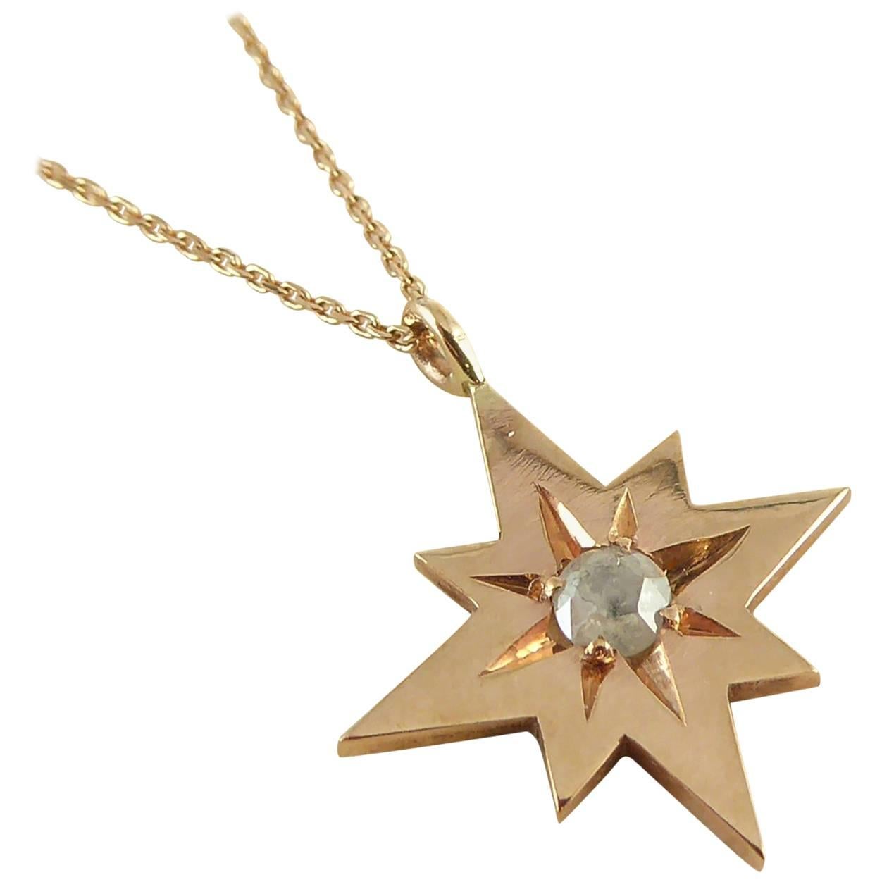 Modern, Pre-Owned Rose Cut Diamond Pendant in 9 Carat Rose Gold Star Setting