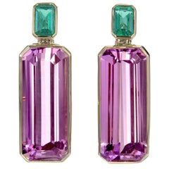 Brazilian Kunzite and Emerald Statement 18 Karat Gold Drop Earrings