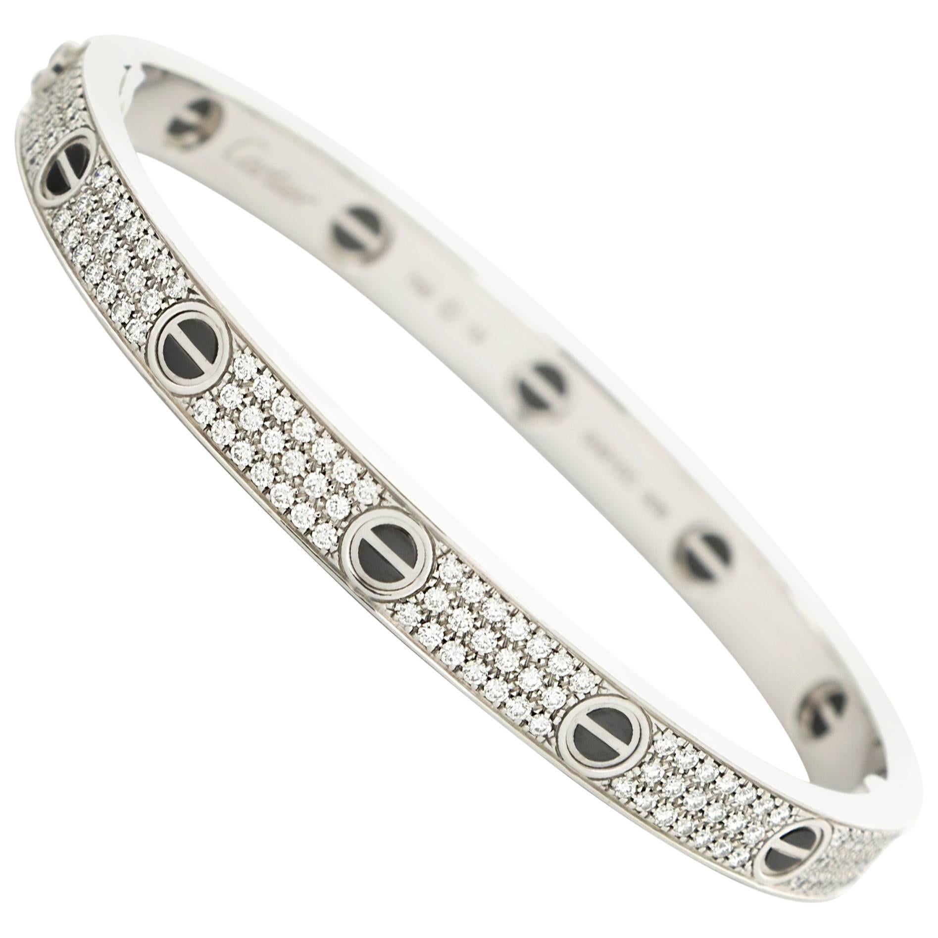 Cartier White Gold Pave Diamond Love Bracelet For Sale