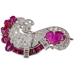 Art Deco Ruby, Diamond and Platinum Double Clip Brooch