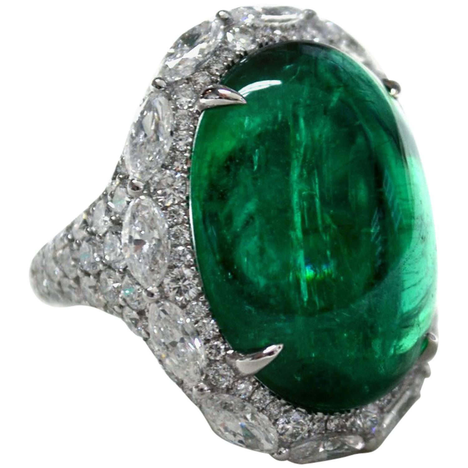 21.49 Carat Oval Cabochon Emerald Diamond Ring For Sale