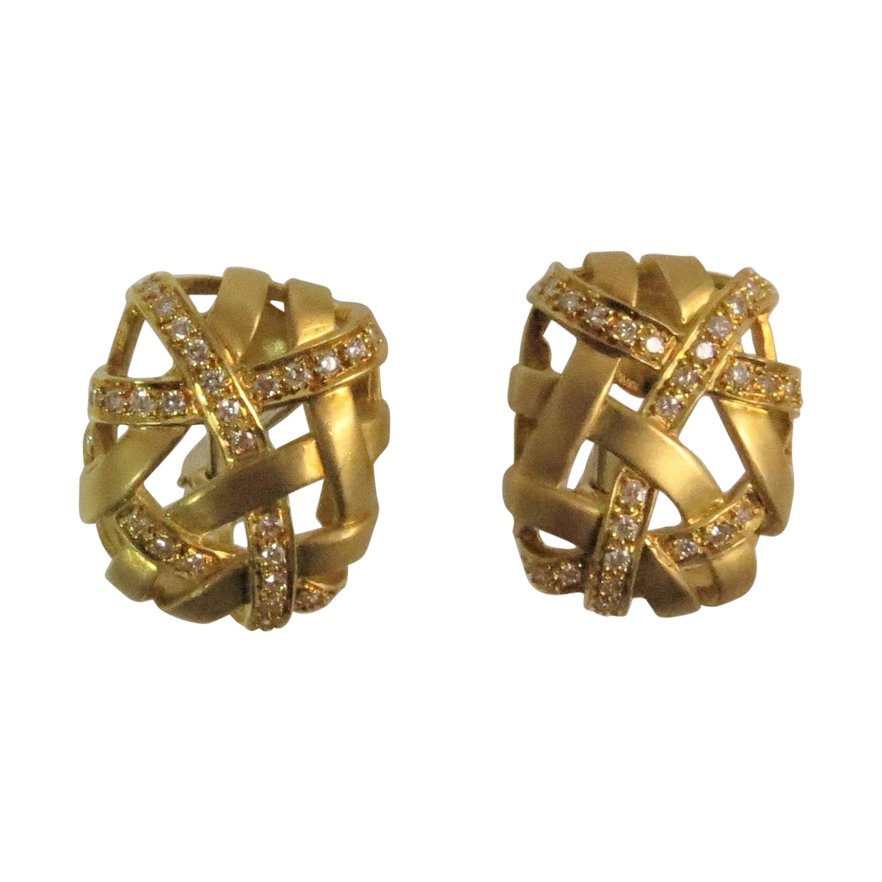 18 Karat Yellow Gold and Diamond Lattice Design Ear Clips For Sale