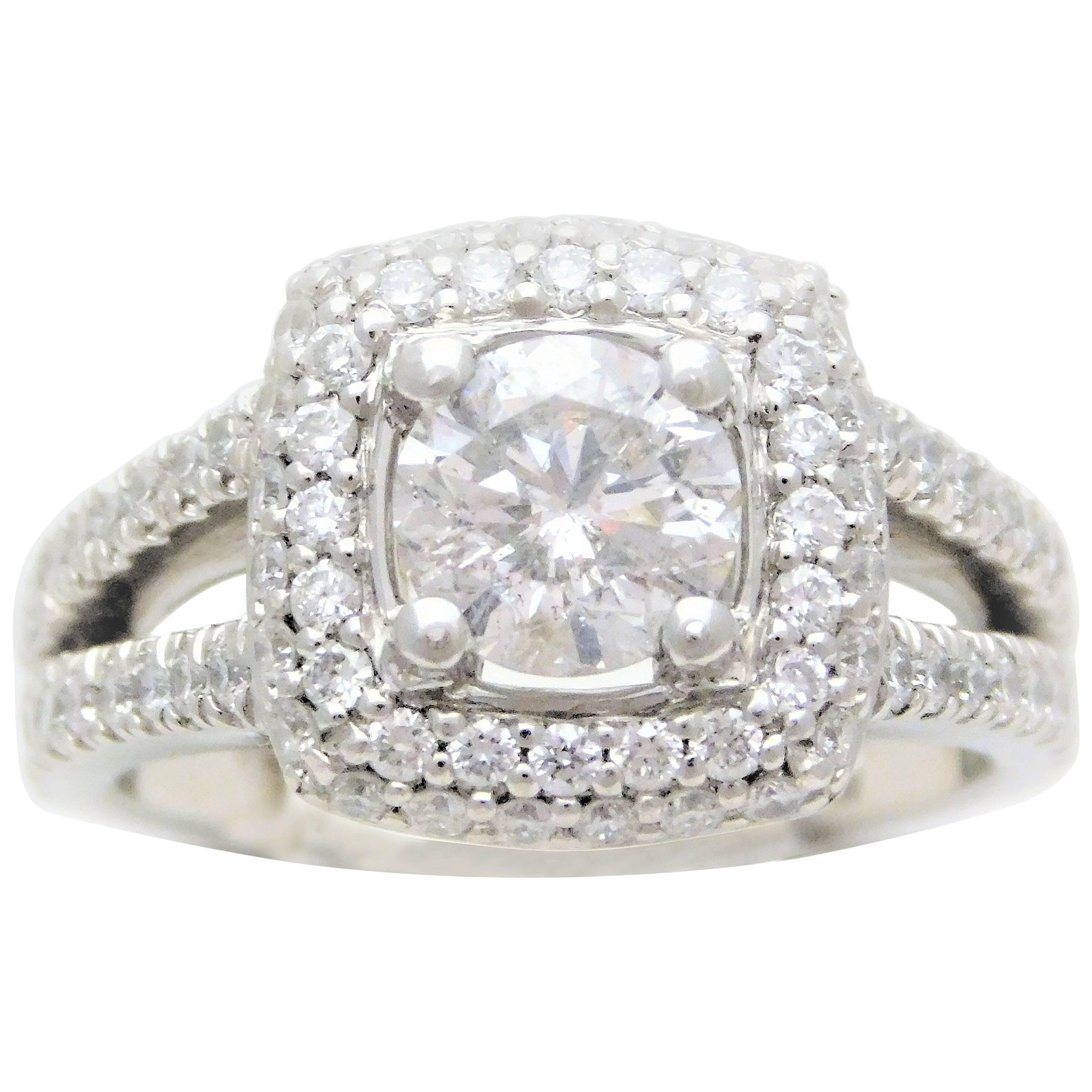 Round Brilliant Diamond Platinum Engagement Ring with Double Diamond Halo For Sale