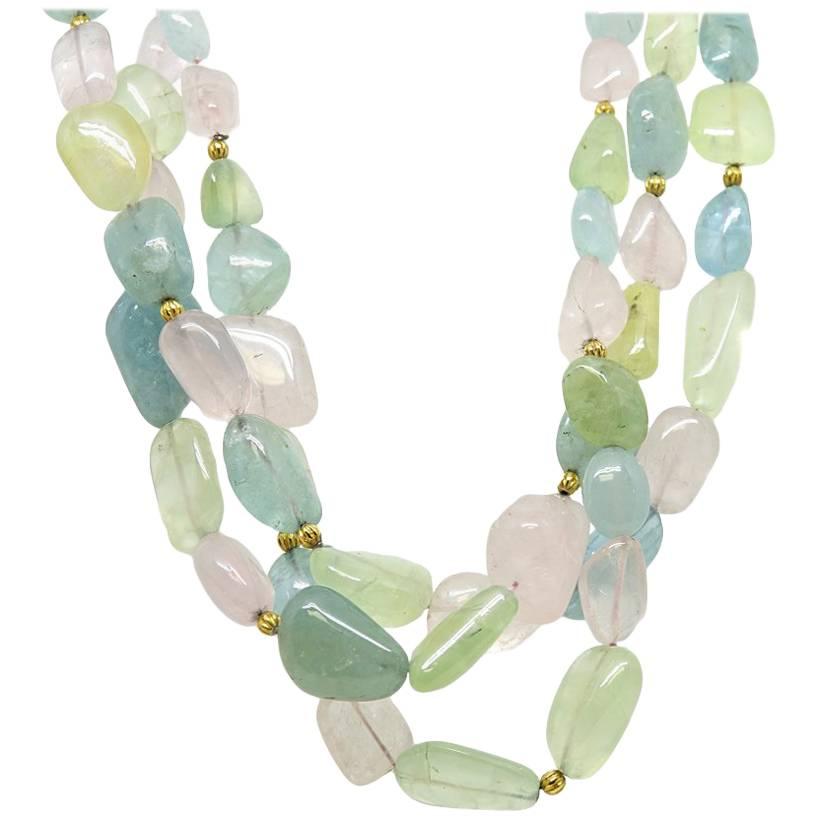 Katy Briscoe Tumbled Mulit Stone Necklace with Yellow Gold Chinati Clasp For Sale