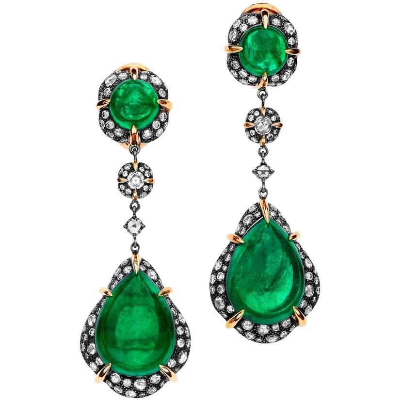 15.74 Carat Pear Cabochon Emerald Diamond 18 Karat Gold Drop Earrings For Sale