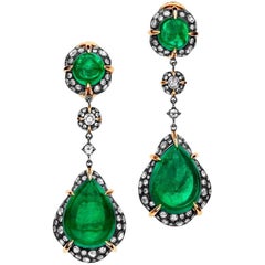15.74 Carat Pear Cabochon Emerald Diamond 18 Karat Gold Drop Earrings