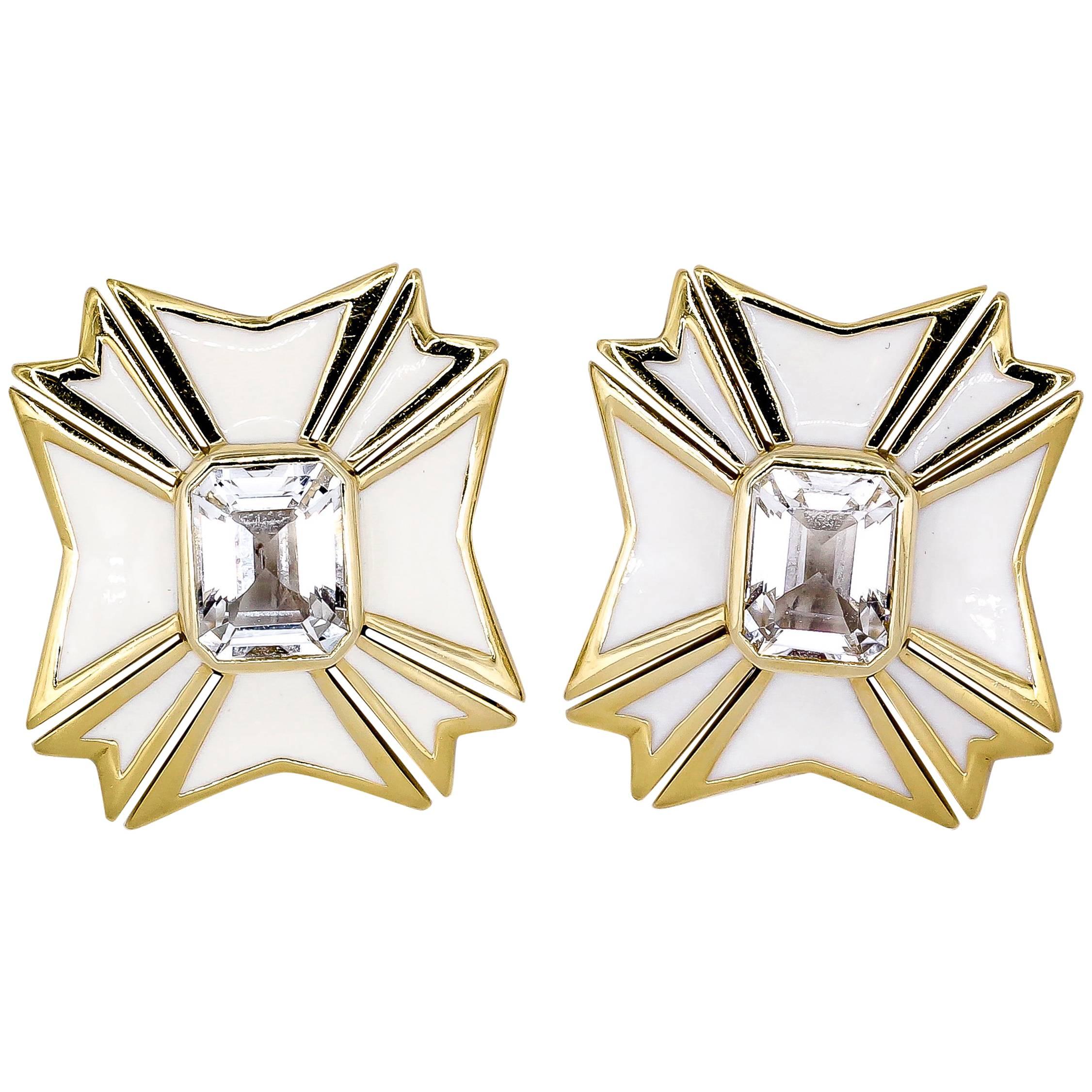 Verdura White Topaz Enamel Gold Maltese Cross Large Earrings