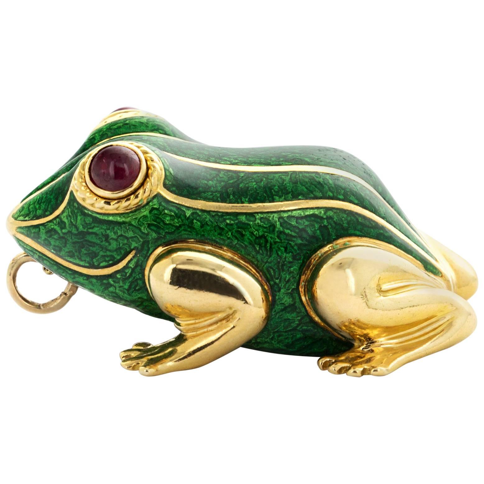 David Webb 18 Karat Yellow Gold Enamel Frog Pendant For Sale