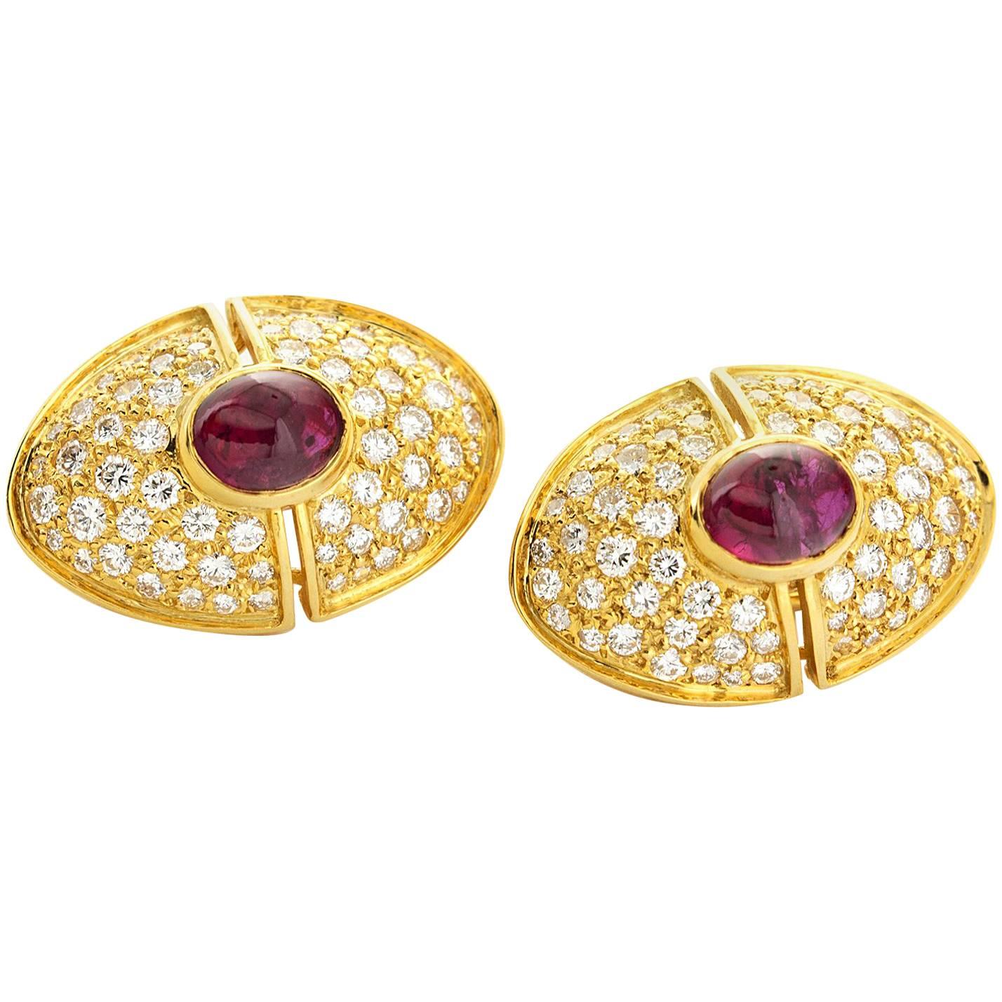 Harry Winston Diamond  Cabochon Ruby Gold Earrings