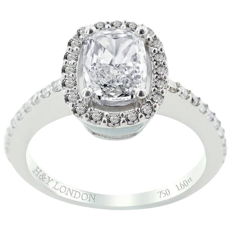 HRD Certified White Gold Cushion and Round Cut Engagement Ring For Sale