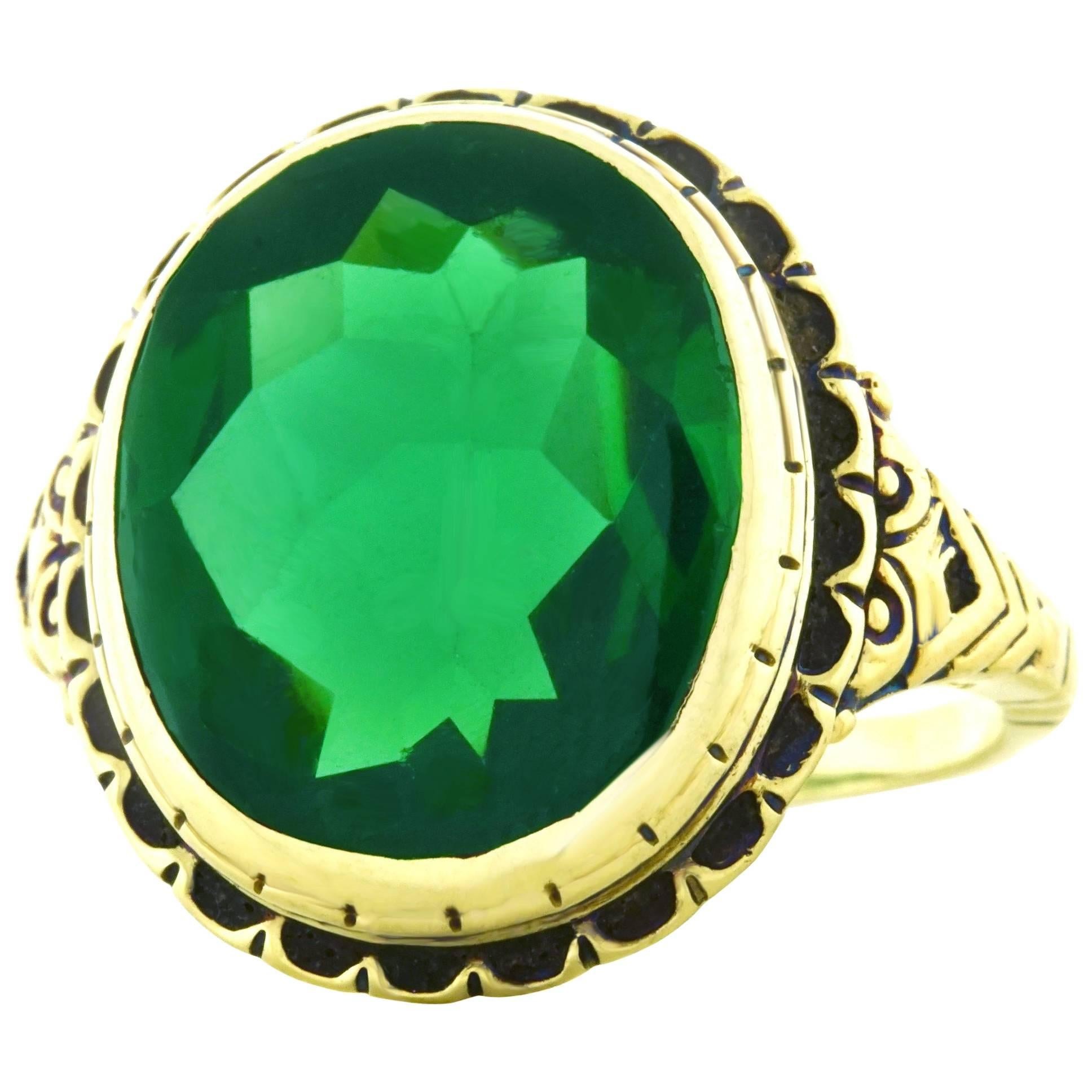 Art Deco Green Tourmaline Signet Style Gold Ring
