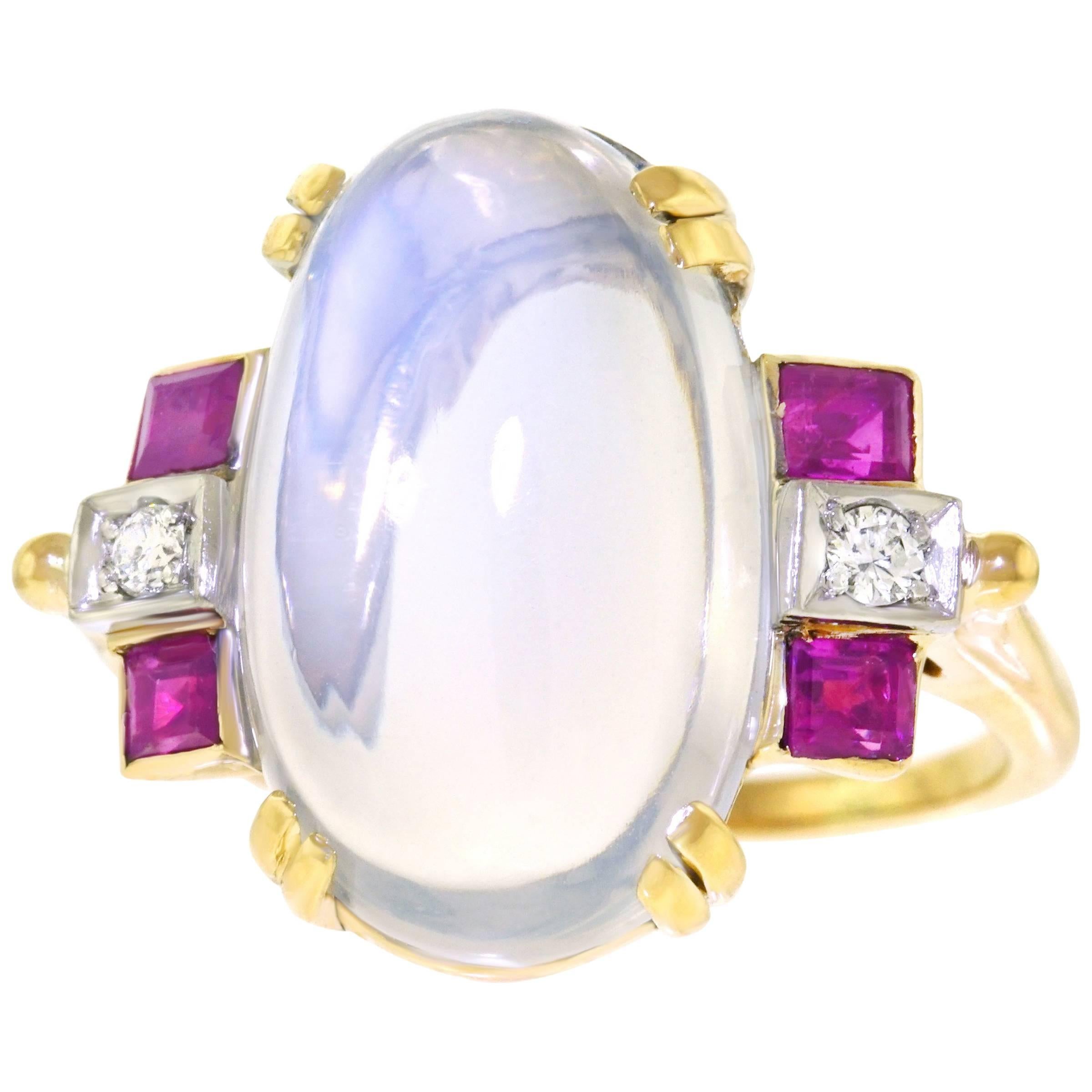 Art Deco F. & F. Felger Moonstone, Ruby and Diamond Ring