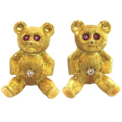 Teddy Bear Ruby Diamond Gold Cufflinks