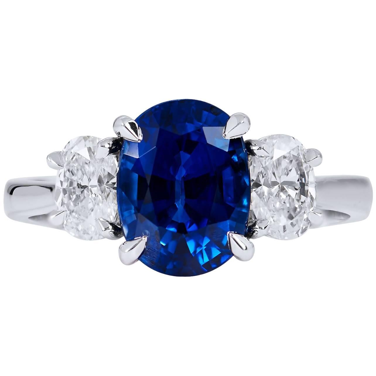 GIA Certified 2.60 Carat Oval Blue Sapphire and Diamond 3 Stone Platinum Ring 