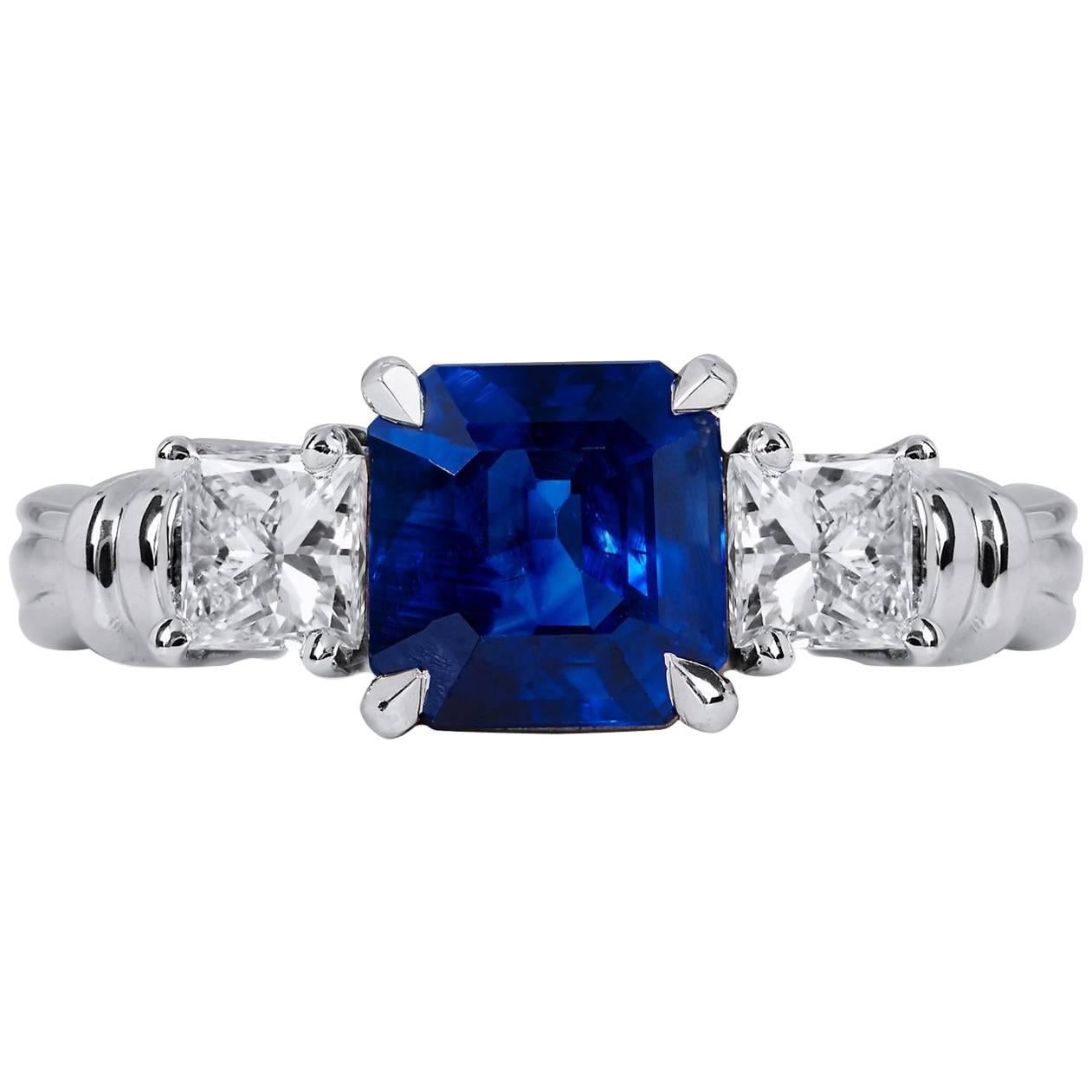 H & H 2.57 Carat Emerald Cut Blue Sapphire and Diamond Ring