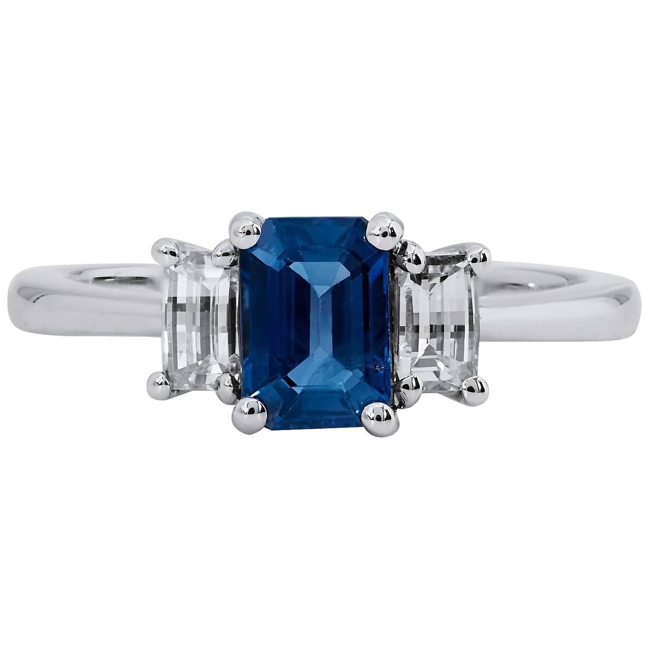 H & H 1.28 Carat Emerald Cut Blue Sapphire Fashion Ring
