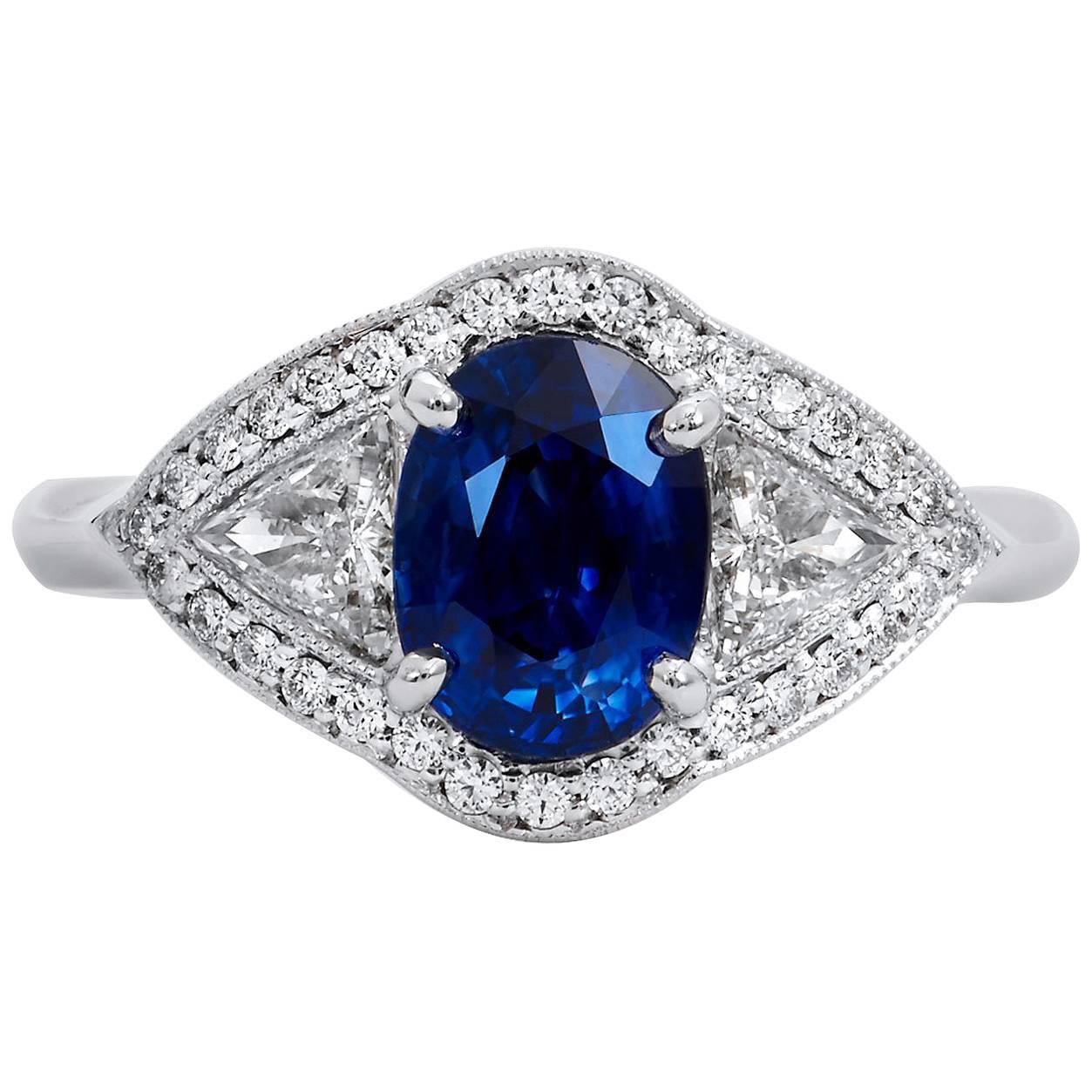 H & H 1.50 Carat Oval Royal Blue Sapphire and Trillion Cut Diamond Cocktail Ring