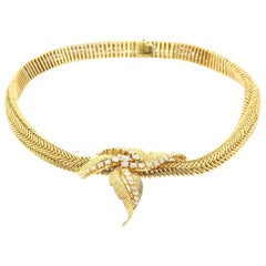 1960s Mauboussin Paris Diamond Leaves Herringbone Design Gold Necklace
