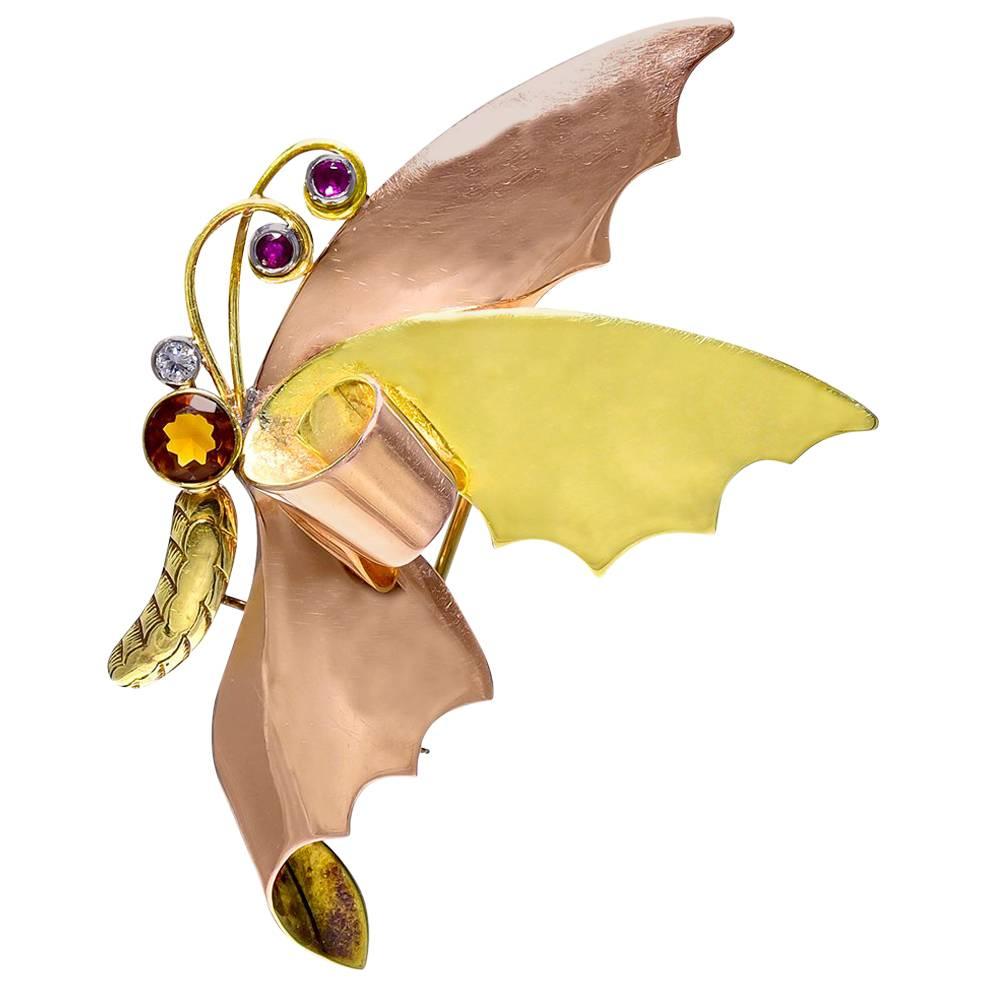 Two Color Gold and Gem Set "Butterfly in Flight" Brooch by Tiffany & Co. For Sale