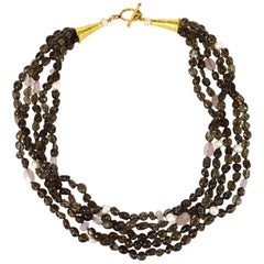 Decadent Jewels Smokey Rose Quartz Pearl Torsade Gold Necklace