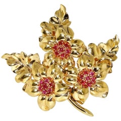 Vintage Ruby and Gold Maple Leaf Brooch