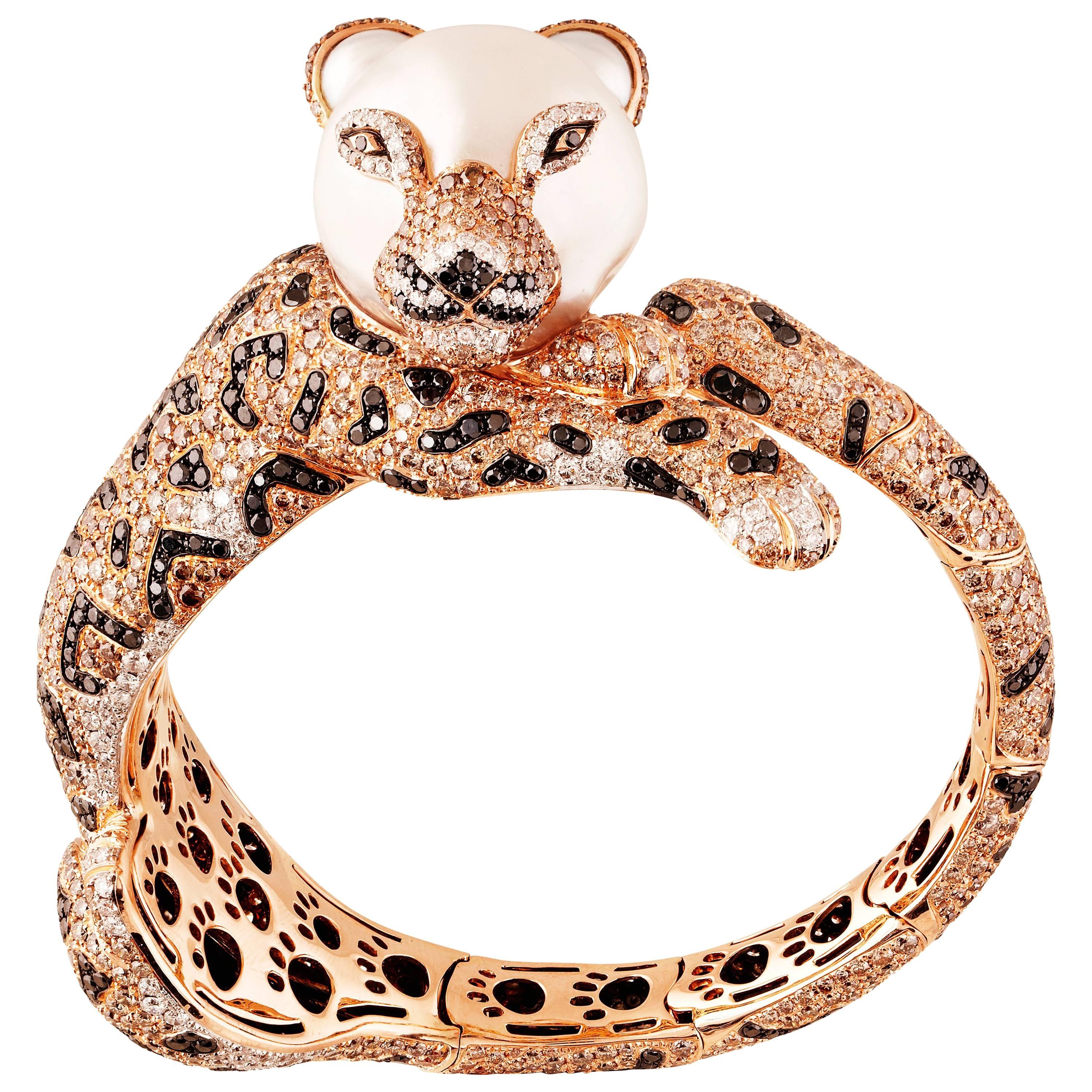 Leopard Animal Brown, Black, White, Diamond South Sea Pearl Gold Cuff Bracelet For Sale