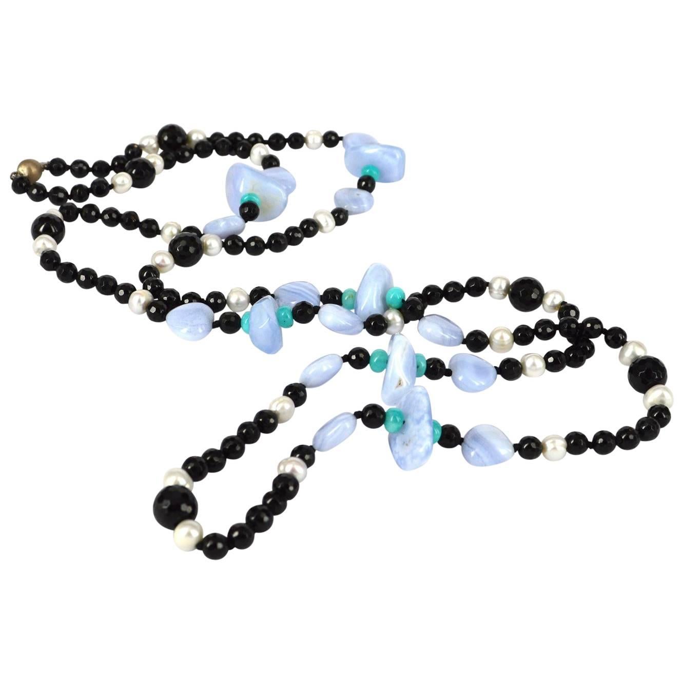 Decadent Jewels Onyx Blue Lace Agate Fresh Water Pearl Amazonite Silver Necklace