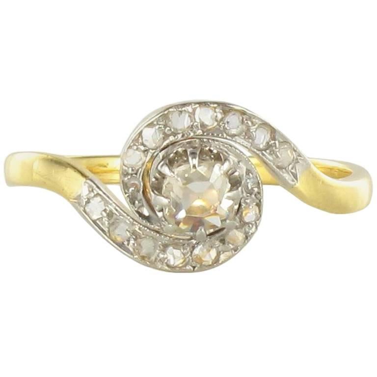 1920s French Belle Epoque Yellow Gold Antique Rose Cut Diamond Swirl Ring