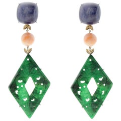 Rose Gold, Kyanite, Coral, Malachite Dangle Earrings