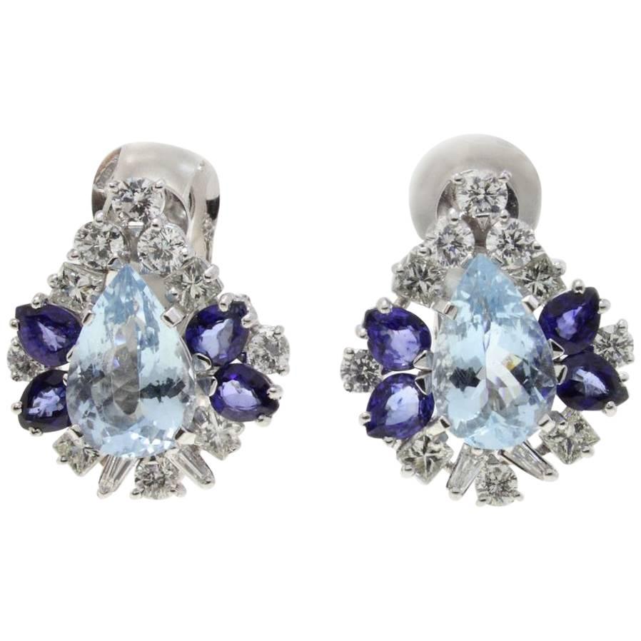 18 kt White Gold, 2, 50 ct Diamonds, 5, 26 ct Aquamarine and Blue Sapphire Earrings
