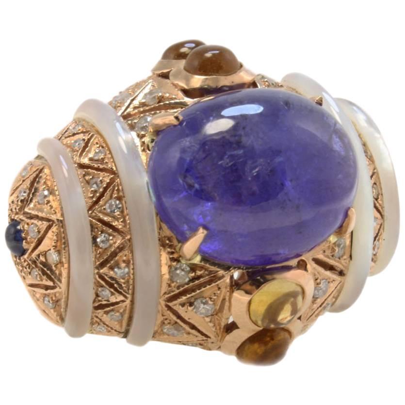 Rose Gold, Diamonds, Tanzanite, Sapphire, Mother-of-Pearl and Topazes Ring