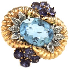 Vintage Aquamarine Rose Gold Tanzanite and Diamonds Ring