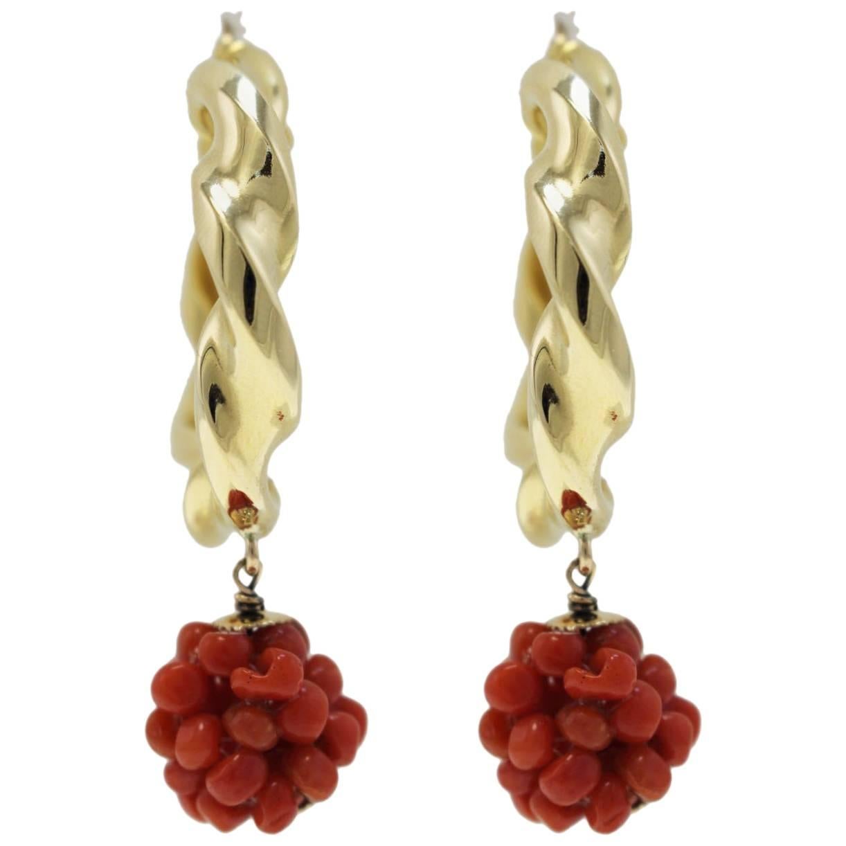 Red Coral, 18K Yellow Gold Hoop Earrings