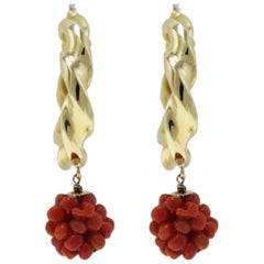 Red Coral, 18K Yellow Gold Hoop Earrings