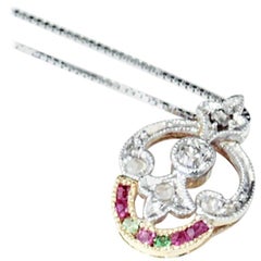 Art Deco Antique Ruby and Peridot Necklace with old European cut Diamond