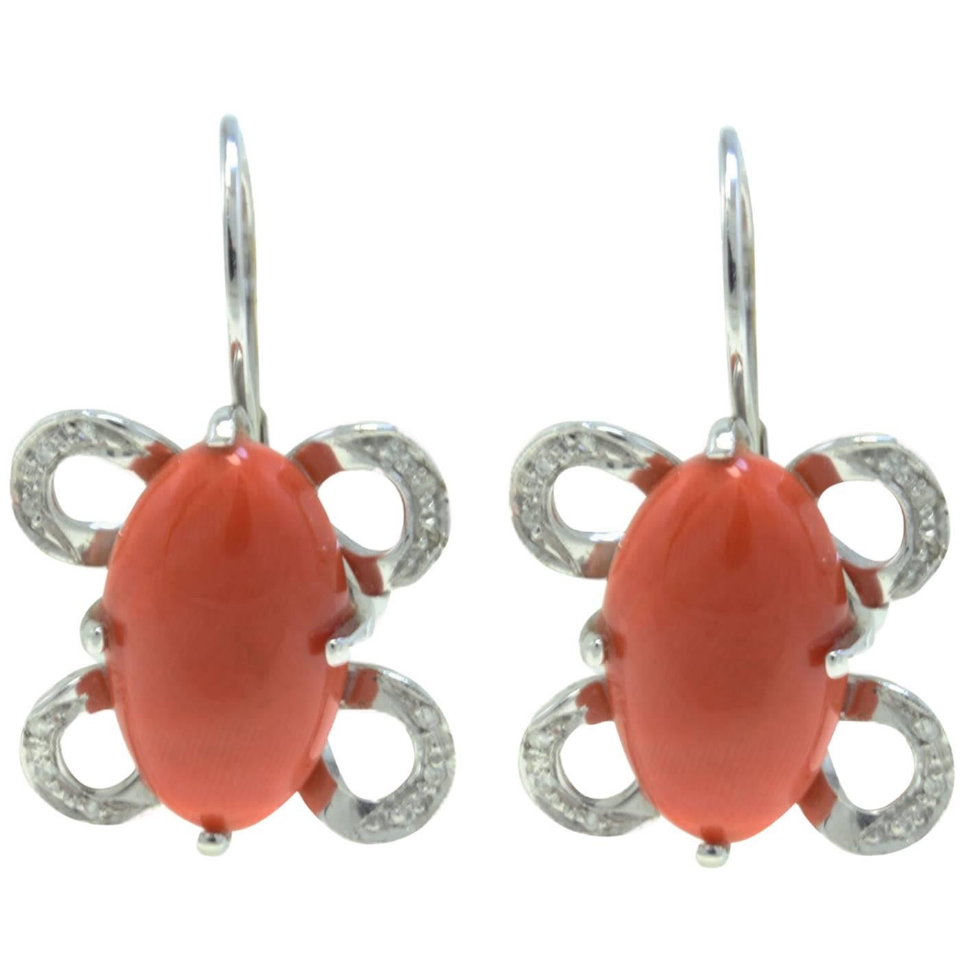 Diamonds, Oval Shape Red Coral, 18K White Gold Level-Back Earrings