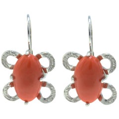 Vintage Diamonds, Oval Shape Red Coral, 18K White Gold Level-Back Earrings