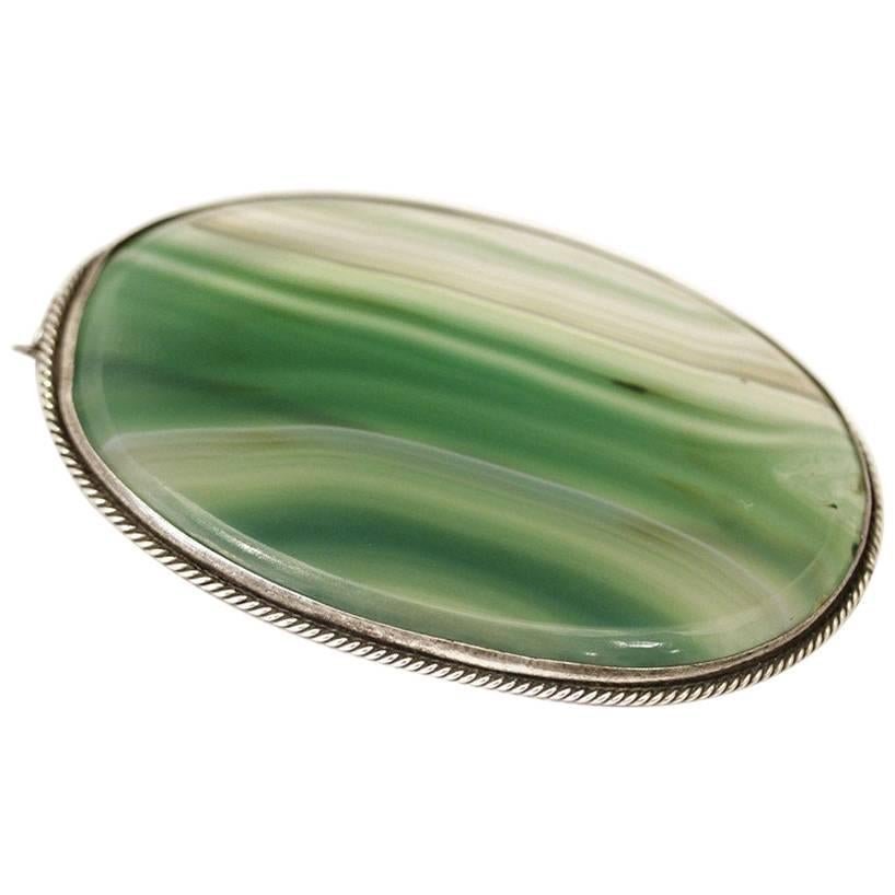 Victorian Antique Oval Green Agate and Sterling Brooch For Sale