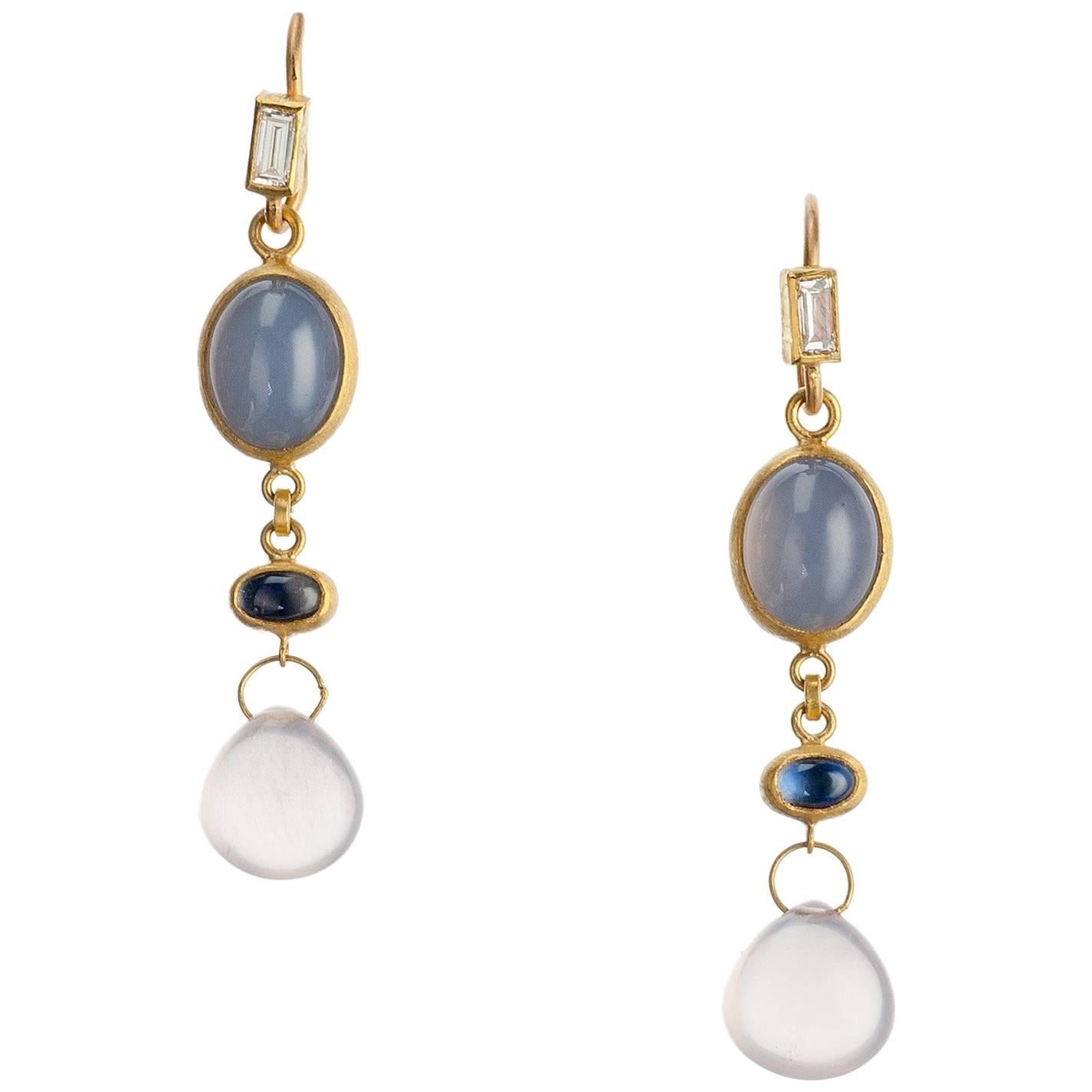 Lika Behar Chalcedony and Moonstone Drop Earrings in 24 Karat Yellow Gold For Sale