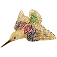 18 Carat Gold Kingfisher Brooch with Sapphires, Rubies, Emeralds and Diamonds