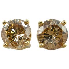 Round Brilliant Brown Diamond Gold Stud Earrings