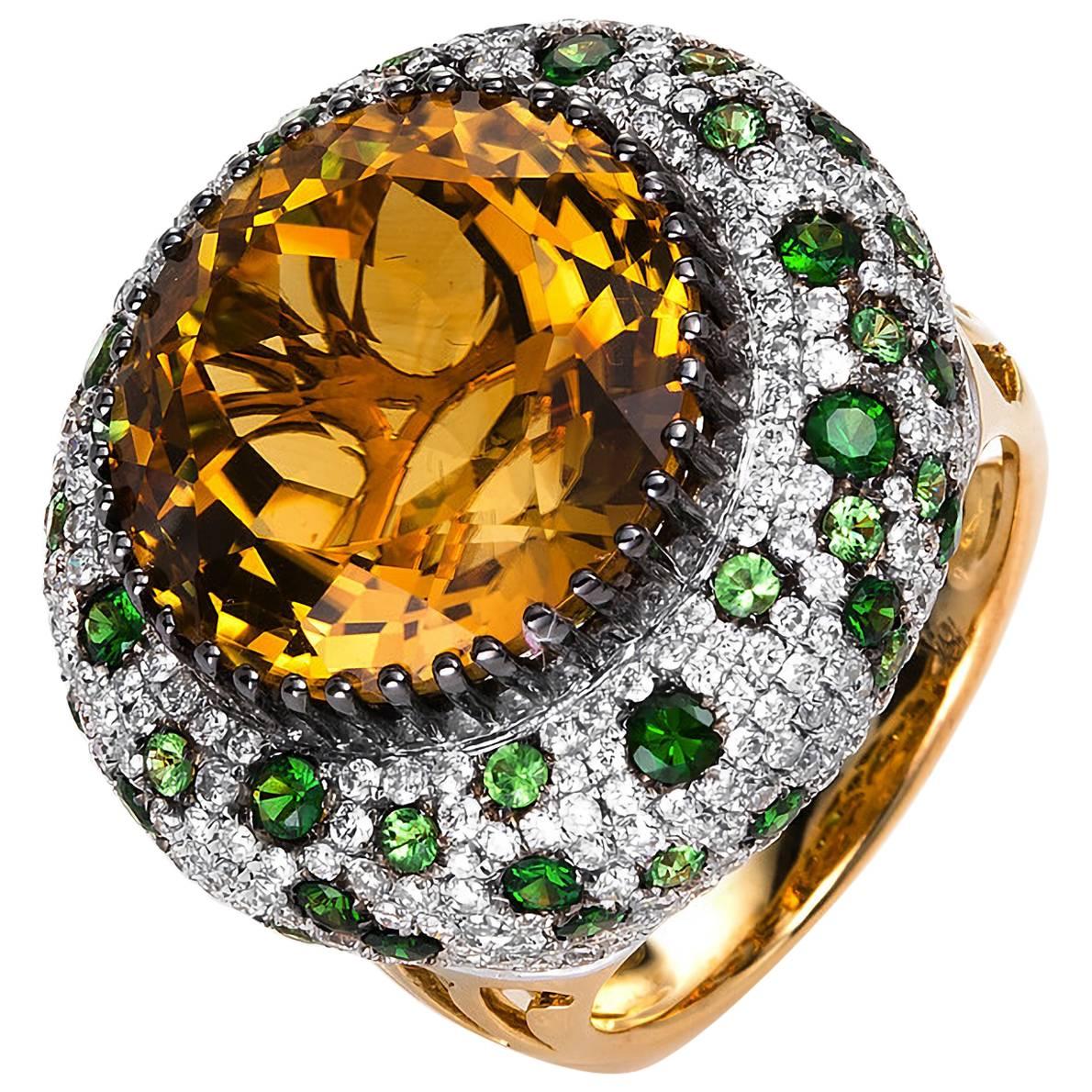 Carlos Udozzo Unisex 18 Karat Gold Vivid Green Tsavorite Yellow Citrine Ring For Sale