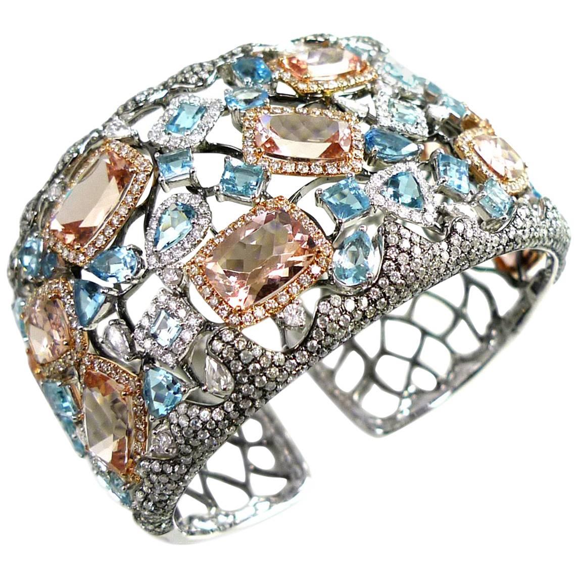 Aquamarine Morganite Diamond Cuff Bangle For Sale