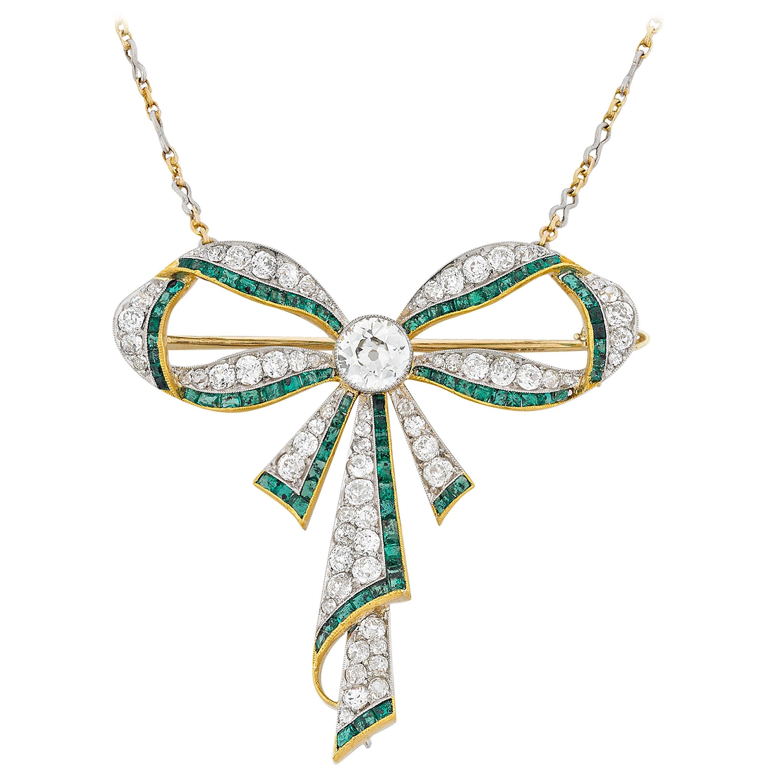 Edwardian Emerald and Diamond Bow Necklace