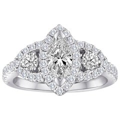 White Diamond Marquis Three-Stone Diamond Halo Bridal Gold Ring