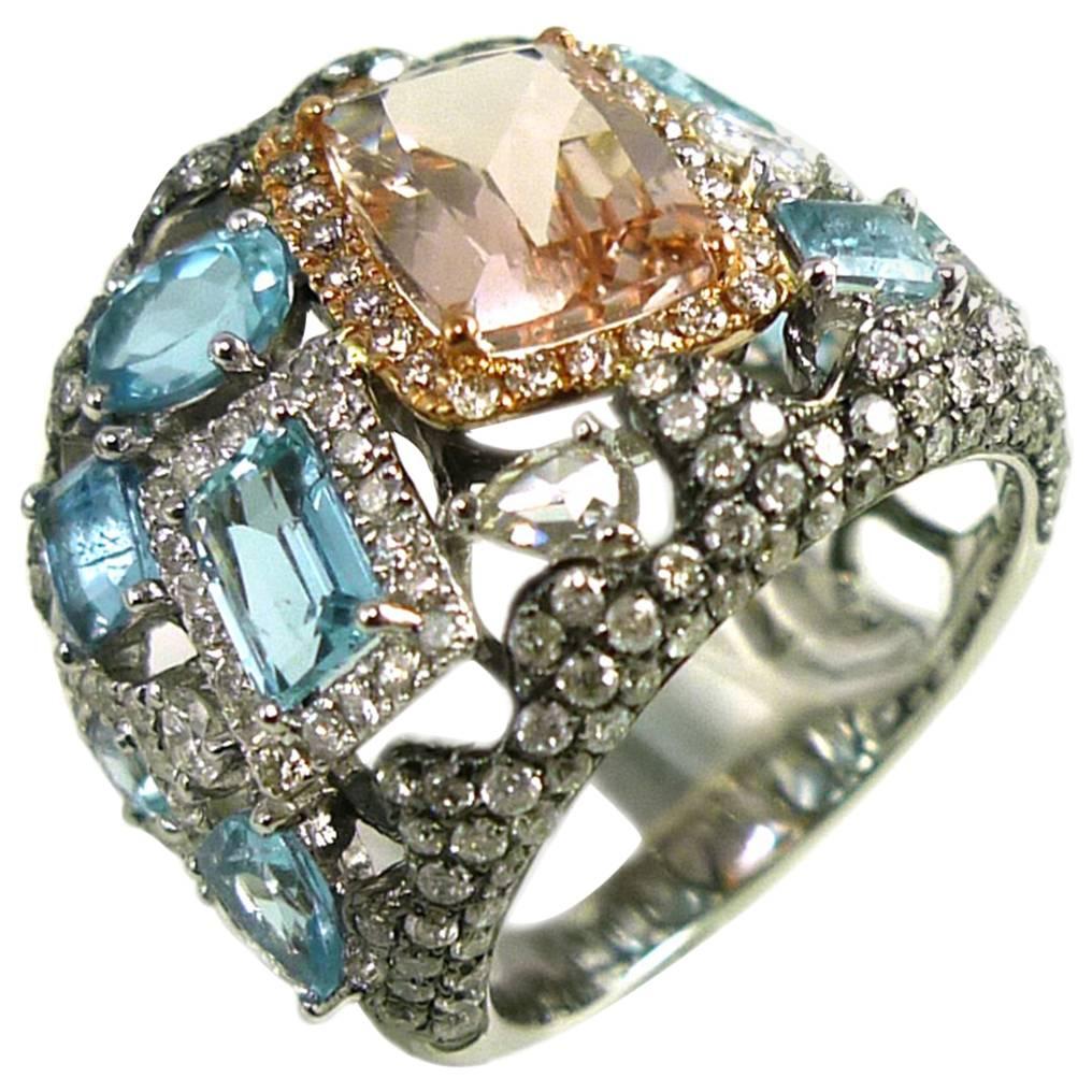 Morganite Aquamarine Diamond Band Ring For Sale