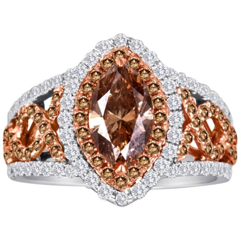 Certified Champagne Diamond Double Halo Two-Color Gold Bridal FashionRing