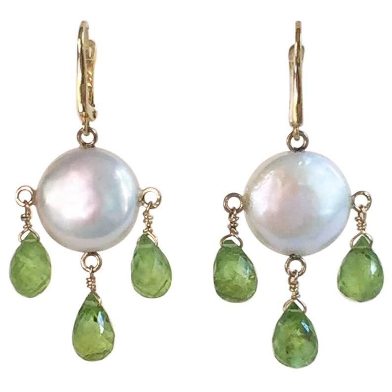 Coin Pearl and Peridot Drop Earrings with 14 Karat Gold by Marina J