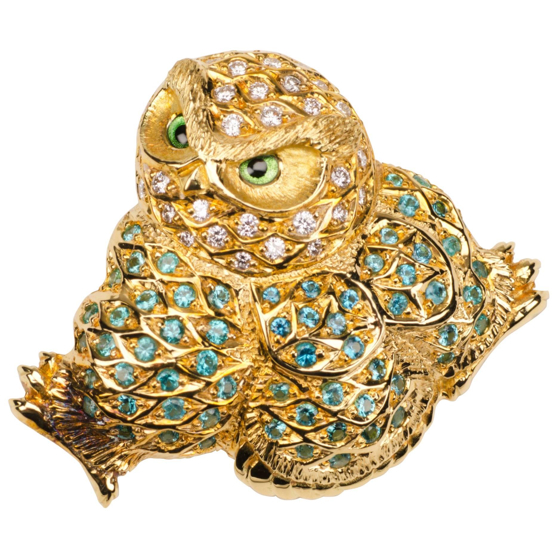 18 Carat Yellow Gold Paraiba Tourmaline and Diamond Owl Brooch For Sale