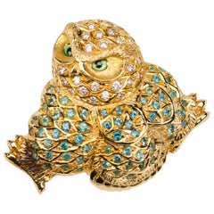 Vintage 18 Carat Yellow Gold Paraiba Tourmaline and Diamond Owl Brooch